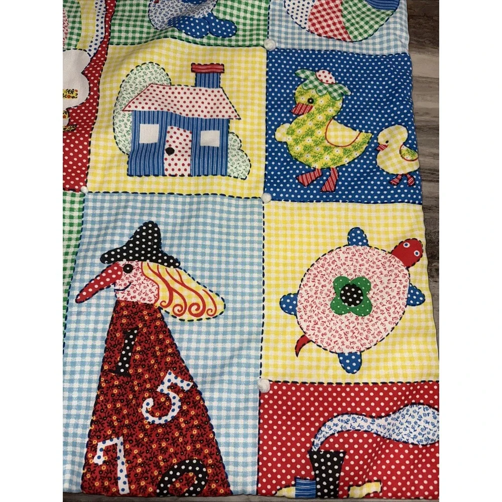 Vintage 70's Baby Child Quilt Blanket Primary Colors Train Kitten Ducks Turtle